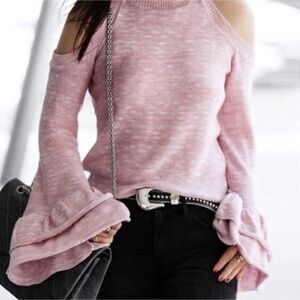 Express cold shoulder sweater with flutter sleeves